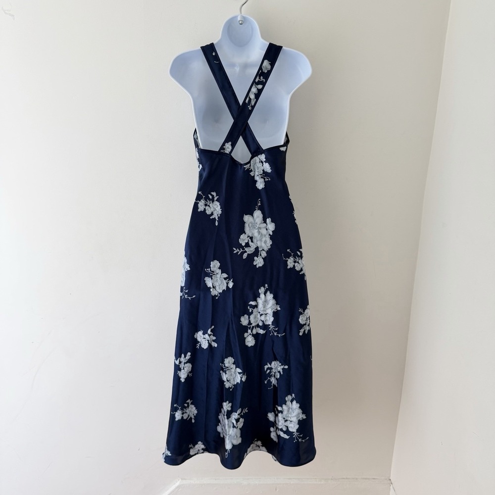 Navy Floral Slip Dress Women S 90s Y2K Cross Back Cottagecore Bow Romantic - Picture 2 of 8